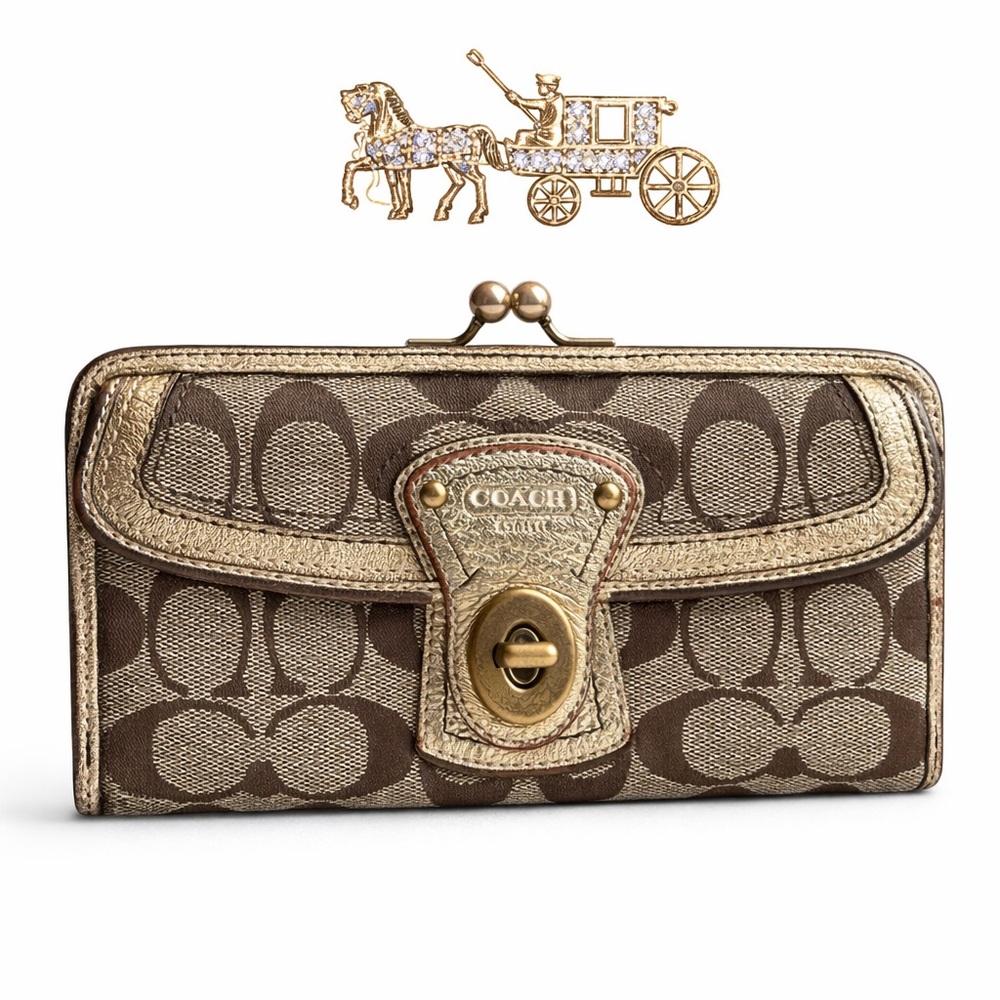 Coach Legacy Turnlock Kisslock Wallet Signature Canvas Gold Trim EUC